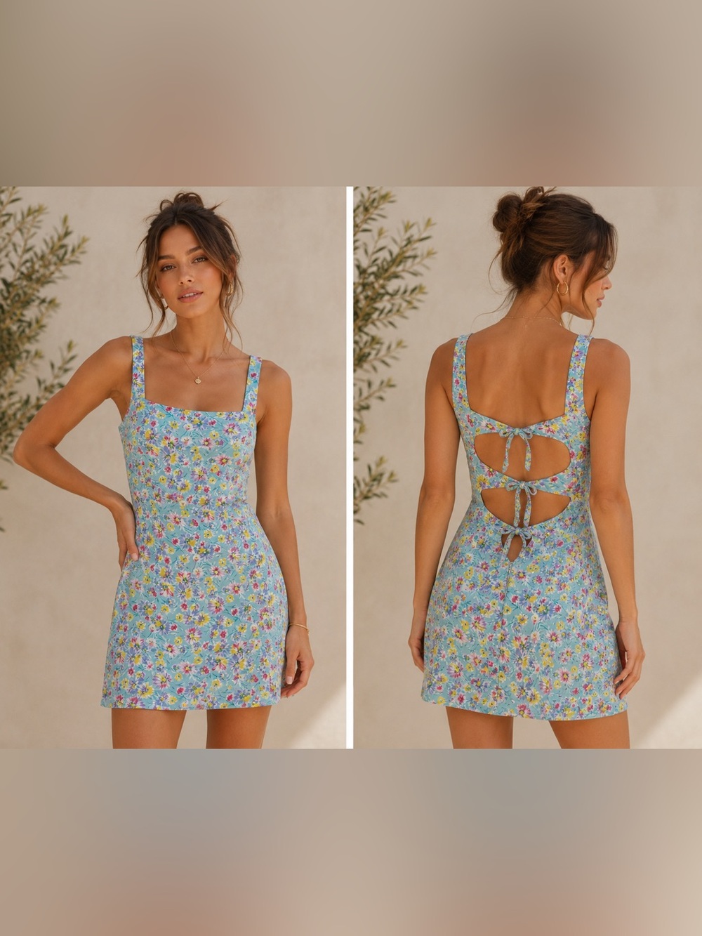 Vintage Guess by Maurice Marciano Blue Floral Tie-Back Mini Dress